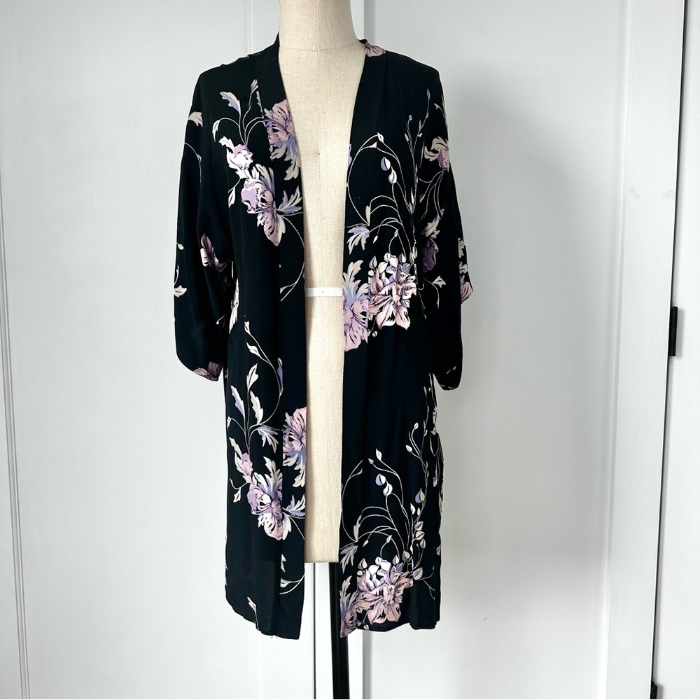 Vintage Judy Knapp California‎ 80s floral open front kimono Size small black